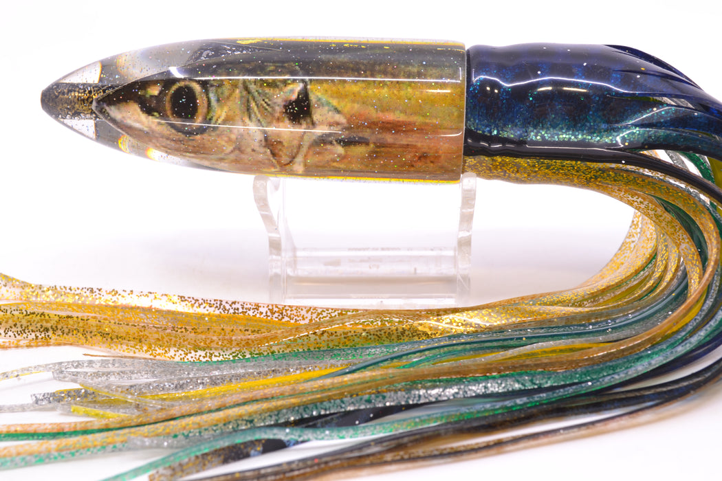 Bomboy Lures Opelu #2 M16 Bullet 9"+ 11oz Skirted Blue with Black Dots-Black-Gold