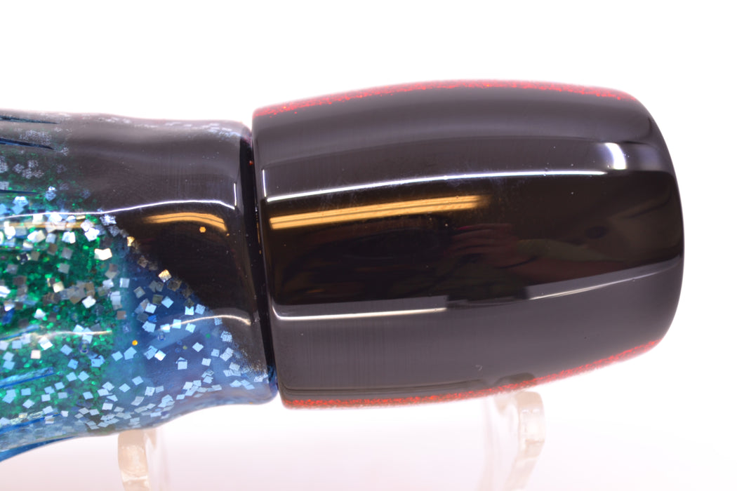 Moyes Lures Rainbow MOP Black-Red Back Taxi Eyes Medium J-Boy 12" 7oz Skirted Evil