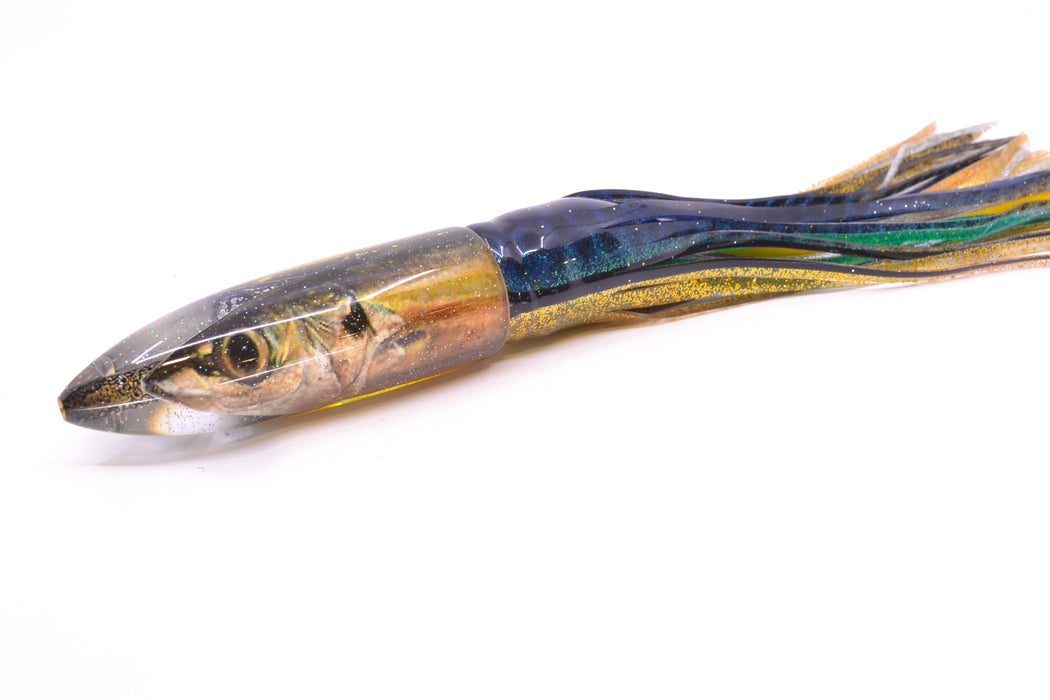Bomboy Lures Opelu #2 M16 Bullet 9"+ 11oz Skirted Blue with Black Dots-Black-Gold