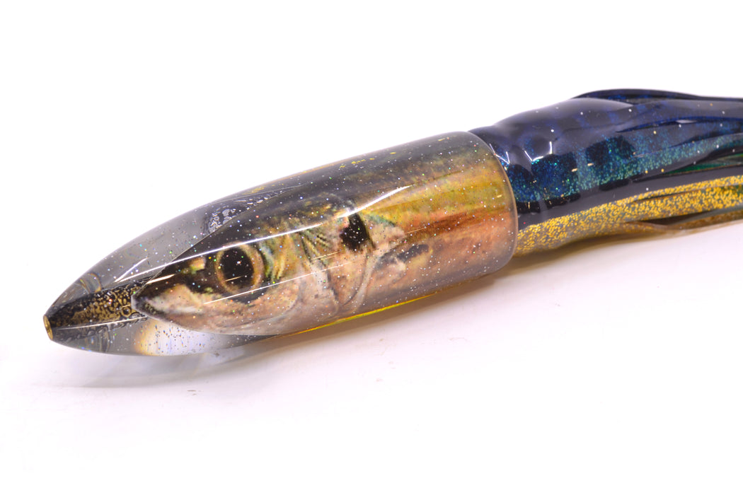 Bomboy Lures Opelu #2 M16 Bullet 9"+ 11oz Skirted Blue with Black Dots-Black-Gold