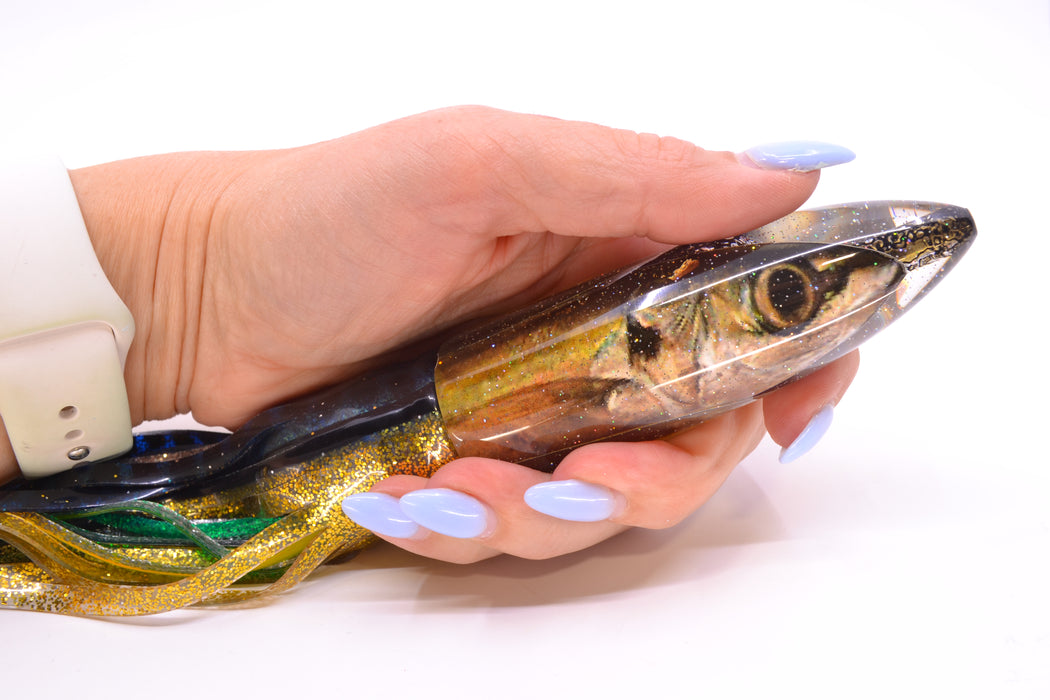 Bomboy Lures Opelu #2 M16 Bullet 9"+ 11oz Skirted Blue with Black Dots-Black-Gold