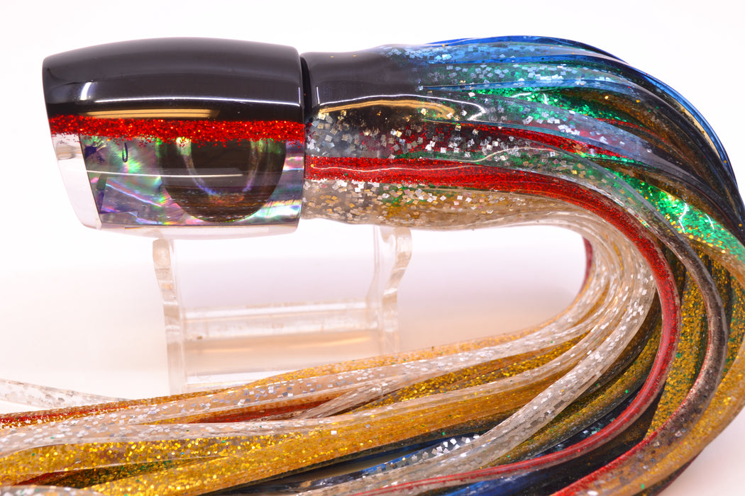Moyes Lures Rainbow MOP Black-Red Back Taxi Eyes Medium J-Boy 12" 7oz Skirted Evil