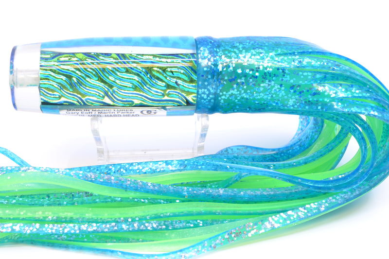Marlin Magic Ice Blue-Akule Lava Ice Blue Rainbow Scale Wrap Medium Hard Head 9" 5oz Skirted Ice Blue/Green
