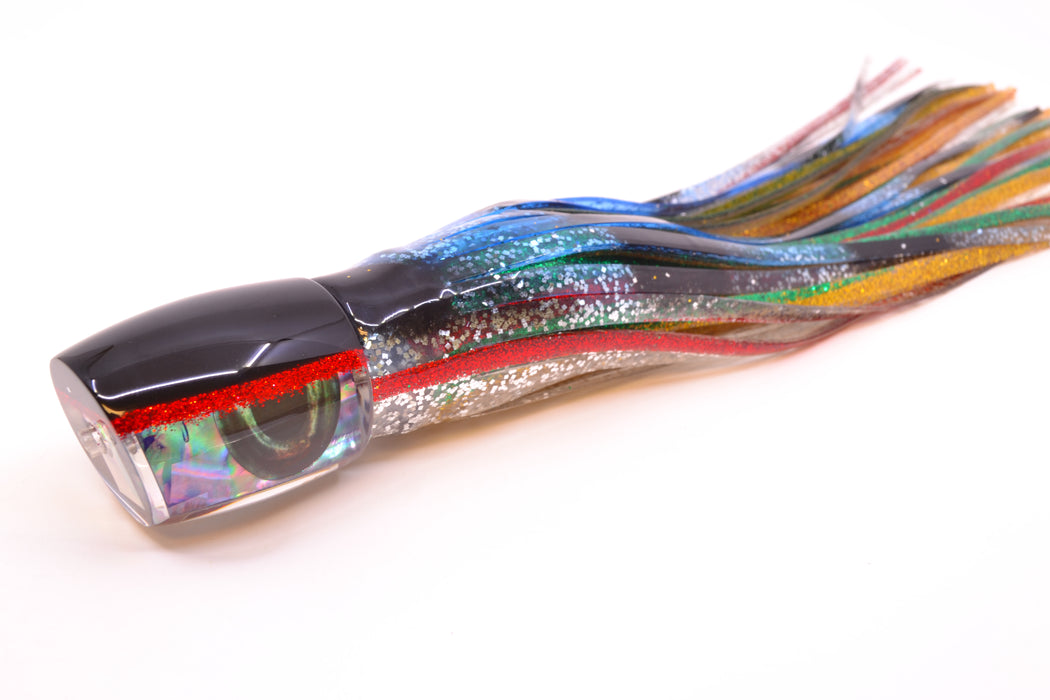 Moyes Lures Rainbow MOP Black-Red Back Taxi Eyes Medium J-Boy 12" 7oz Skirted Evil