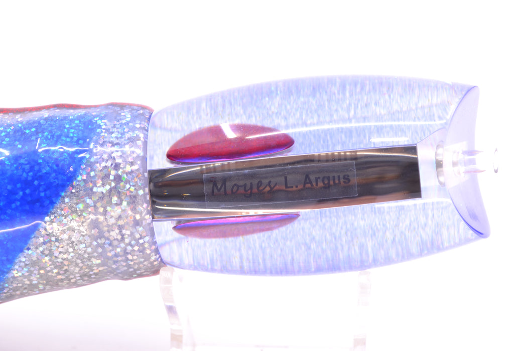 Moyes Lures Clear Mirrored Blue Glitter Back Red Eyes Large Argus 14" 10oz Skirted