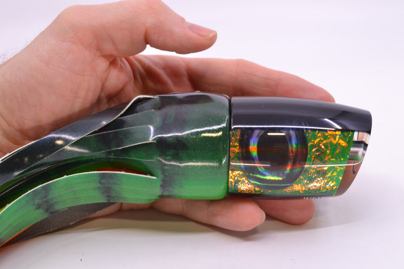 Moyes Lures Green-Orange Dichro Black Back Hannibal 14" 8oz FT Vinyl Green Tiger