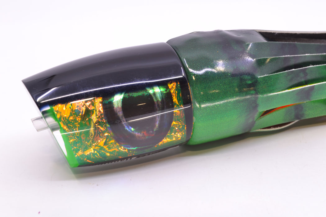 Moyes Lures Green-Orange Dichro Black Back Hannibal 14" 8oz FT Vinyl Green Tiger