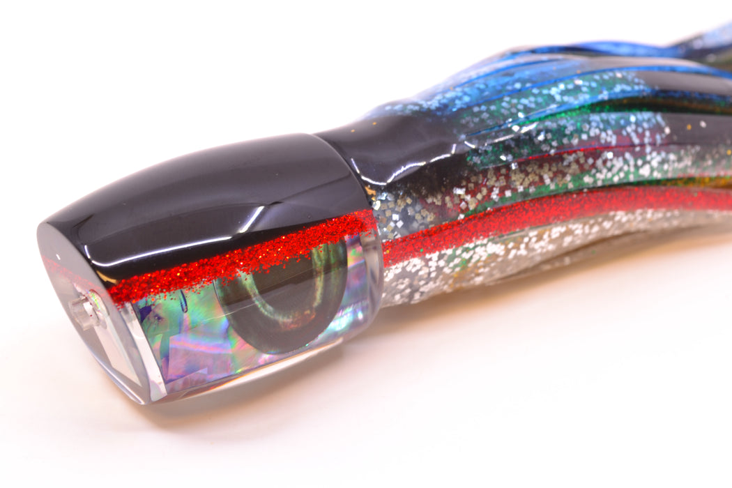 Moyes Lures Rainbow MOP Black-Red Back Taxi Eyes Medium J-Boy 12" 7oz Skirted Evil
