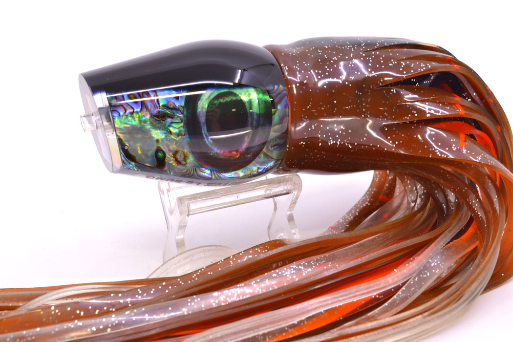 Moyes Lures Paua Shell Black Back Taxi Eyes Large Sumo 14" 13.8oz Skirted Root Beer Kajiki