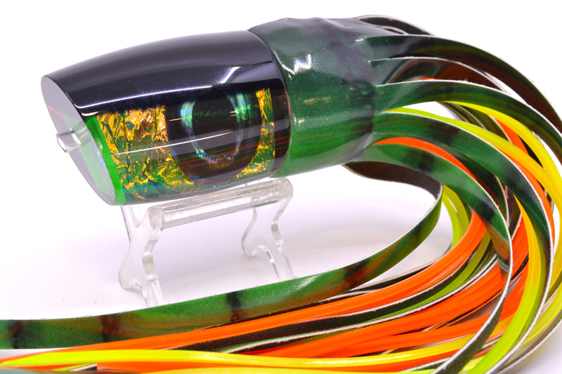 Moyes Lures Green-Orange Dichro Black Back Hannibal 14" 8oz FT Vinyl Green Tiger
