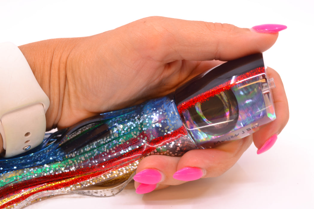 Moyes Lures Rainbow MOP Black-Red Back Taxi Eyes Medium J-Boy 12" 7oz Skirted Evil