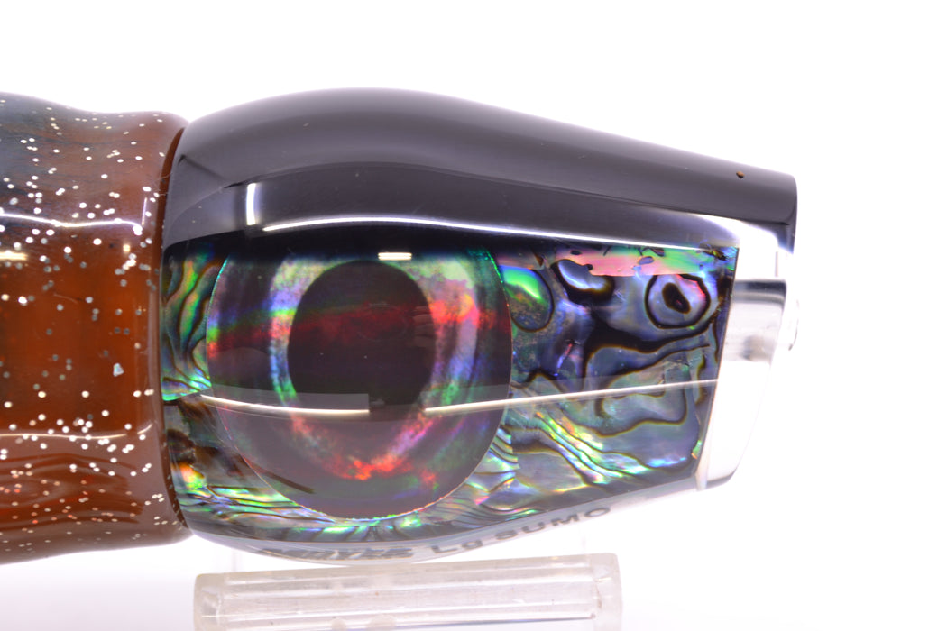 Moyes Lures Paua Shell Black Back Taxi Eyes Large Sumo 14" 13.8oz Skirted Root Beer Kajiki
