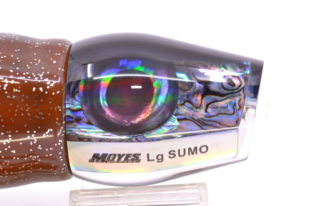Moyes Lures Paua Shell Black Back Taxi Eyes Large Sumo 14" 13.8oz Skirted Root Beer Kajiki