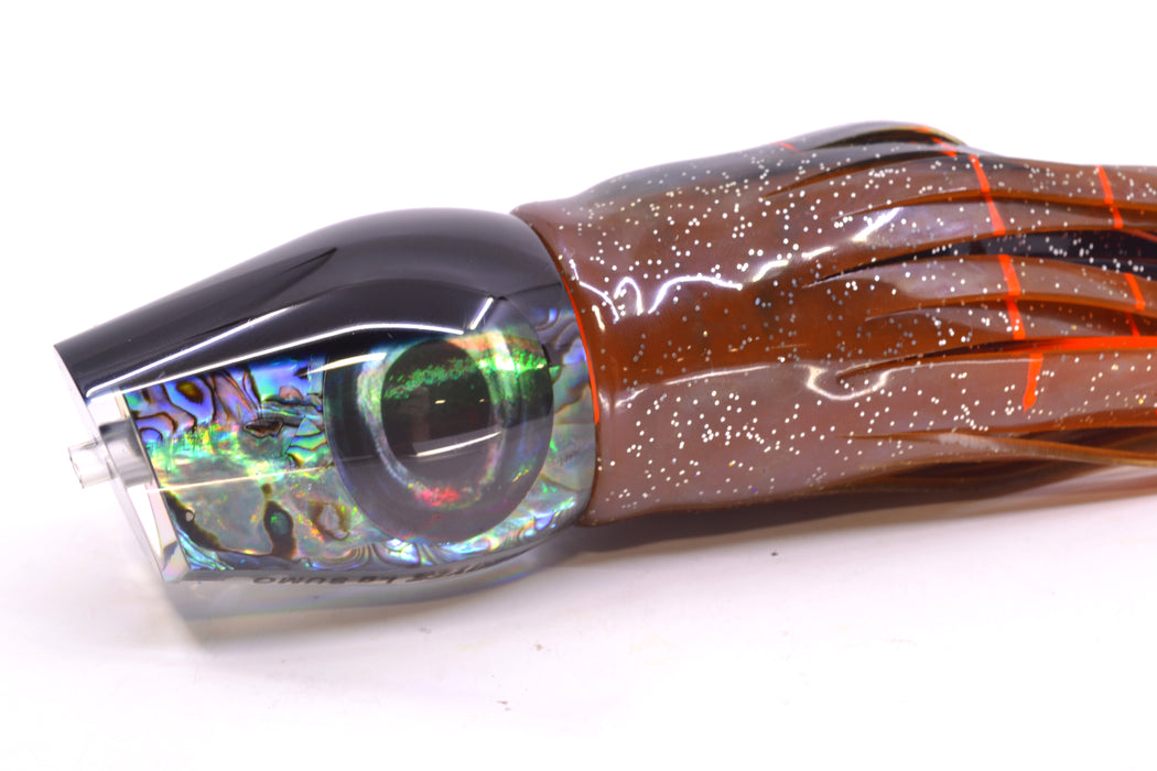 Moyes Lures Paua Shell Black Back Taxi Eyes Large Sumo 14" 13.8oz Skirted Root Beer Kajiki