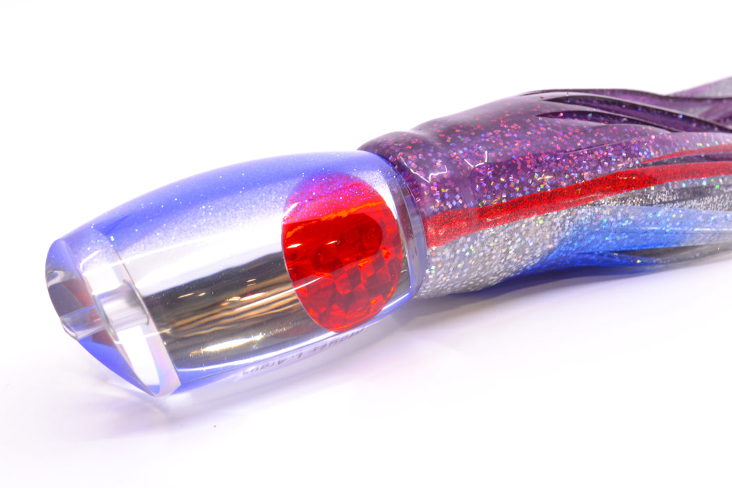 Moyes Lures Clear Mirrored Blue Glitter Back Red Eyes Large Argus 14" 10oz Skirted
