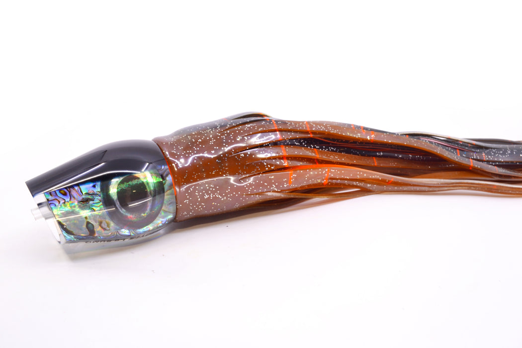 Moyes Lures Paua Shell Black Back Taxi Eyes Large Sumo 14" 13.8oz Skirted Root Beer Kajiki