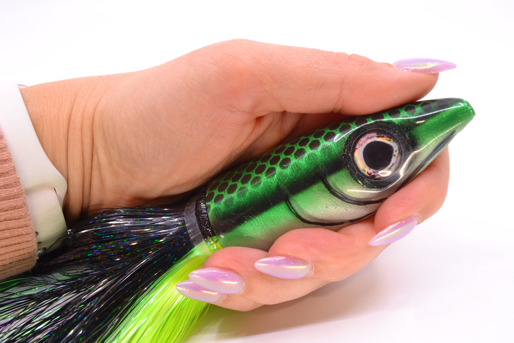 Tsutomu Lures Black Dot Back Green-Silver Non-Jetted Kona Dragon 9"+ 8oz Strobez
