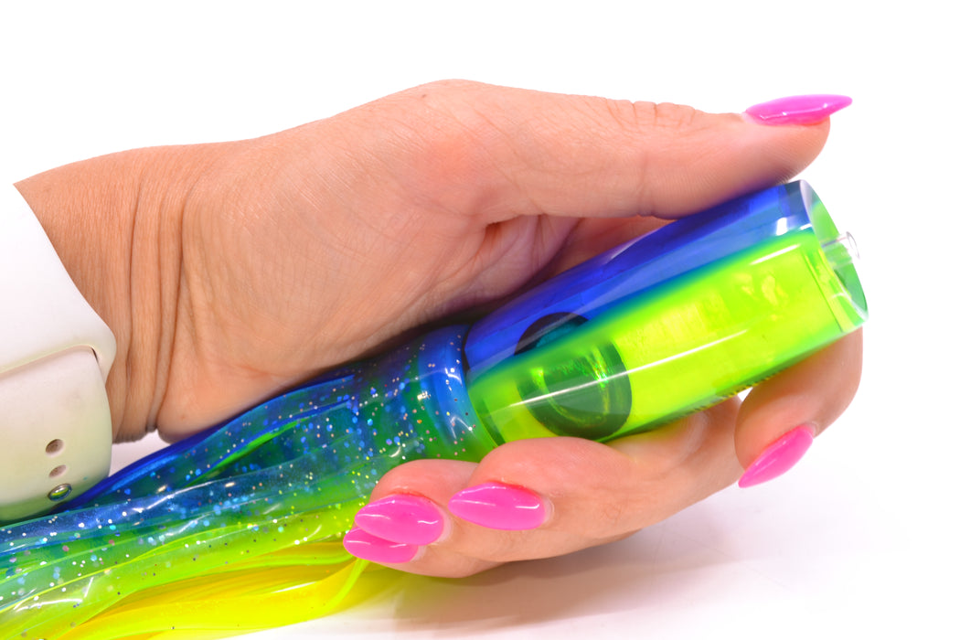 Moyes Lures Chartreuse MOP Blue-Green Back Taxi Eyes Small Shotgun 9" 4oz Skirted GZE