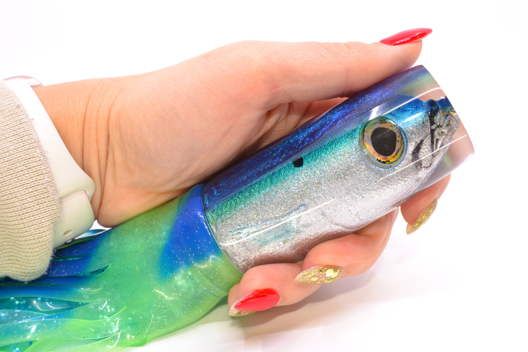 Ali'i Kai Lures Silver Opelu Blue-Teal Back Medium Hard Head 12" 9oz Skirted Green-Blue GZE