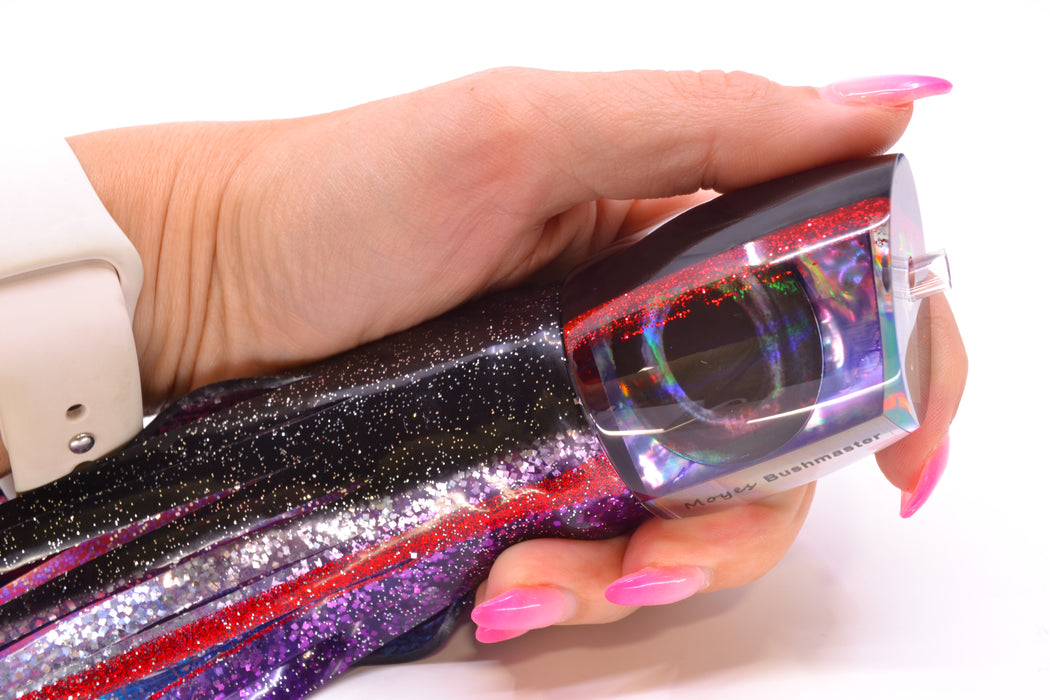 Moyes Lures Rainbow MOP Black-Red Back Bushmaster 12" 10oz Skirted Black-Red-Purple