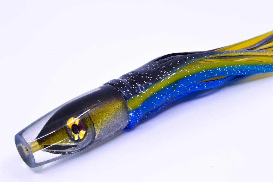 Tsutomu Lures Black-Yellow-Silver Fish Head Ali'i Invert 7" 5.7oz Skirted Black-Yellow-Blue