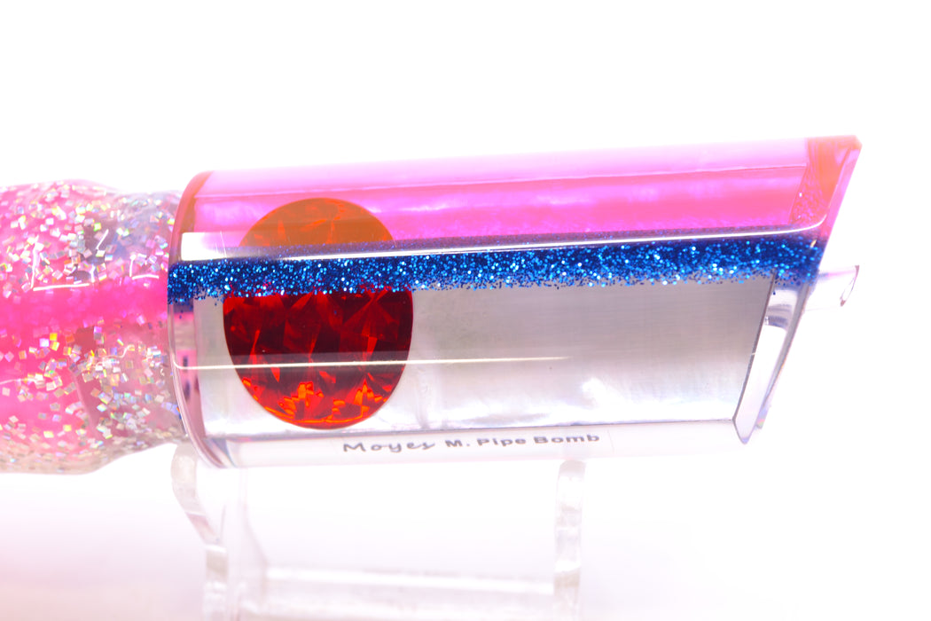 Moyes Lures White MOP Pink-Blue Back Medium Pipe Bomb 12" 7.5oz Skirted Blue Bars/Pink