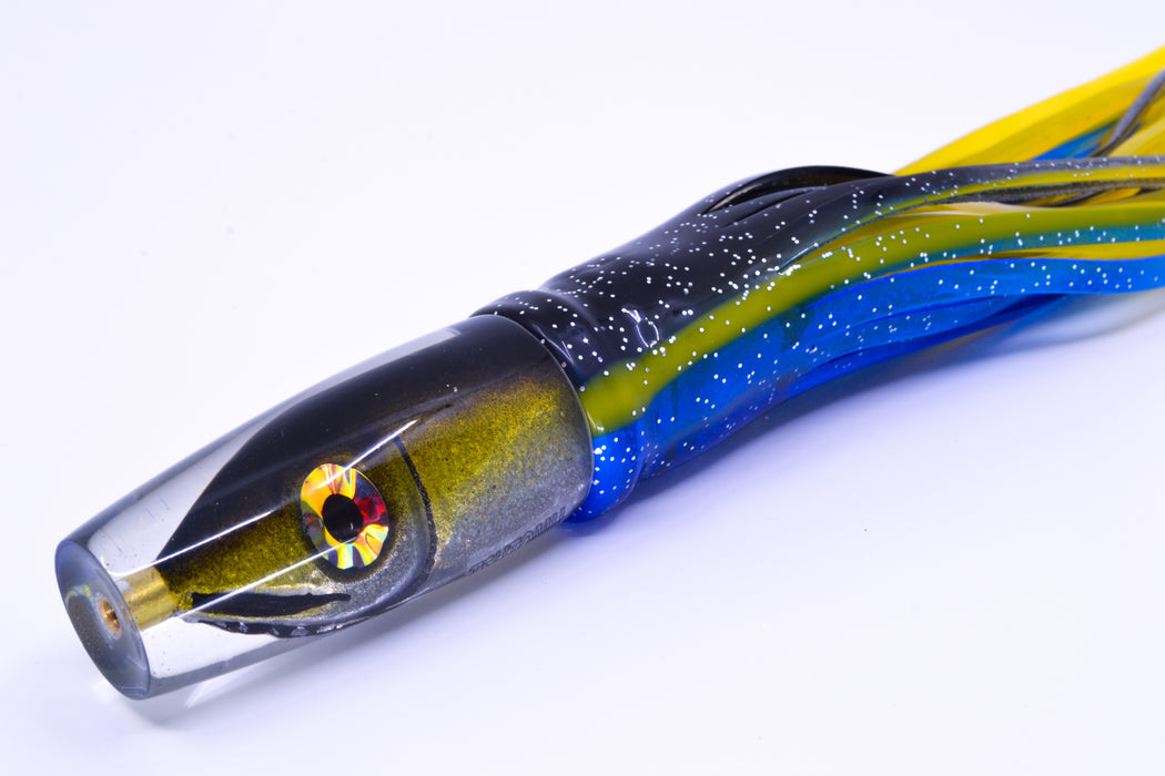 Tsutomu Lures Black-Yellow-Silver Fish Head Ali'i Invert 7" 5.7oz Skirted Black-Yellow-Blue