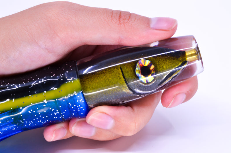Tsutomu Lures Black-Yellow-Silver Fish Head Ali'i Invert 7" 5.7oz Skirted Black-Yellow-Blue