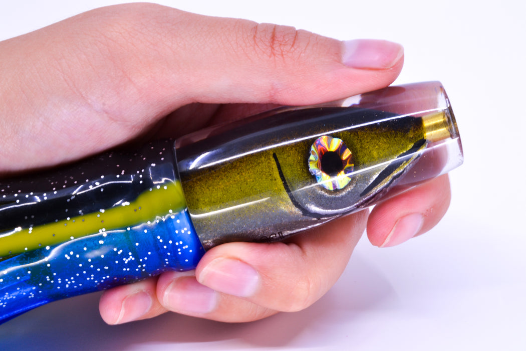 Tsutomu Lures Black-Yellow-Silver Fish Head Ali'i Invert 7" 5.7oz Skirted Black-Yellow-Blue