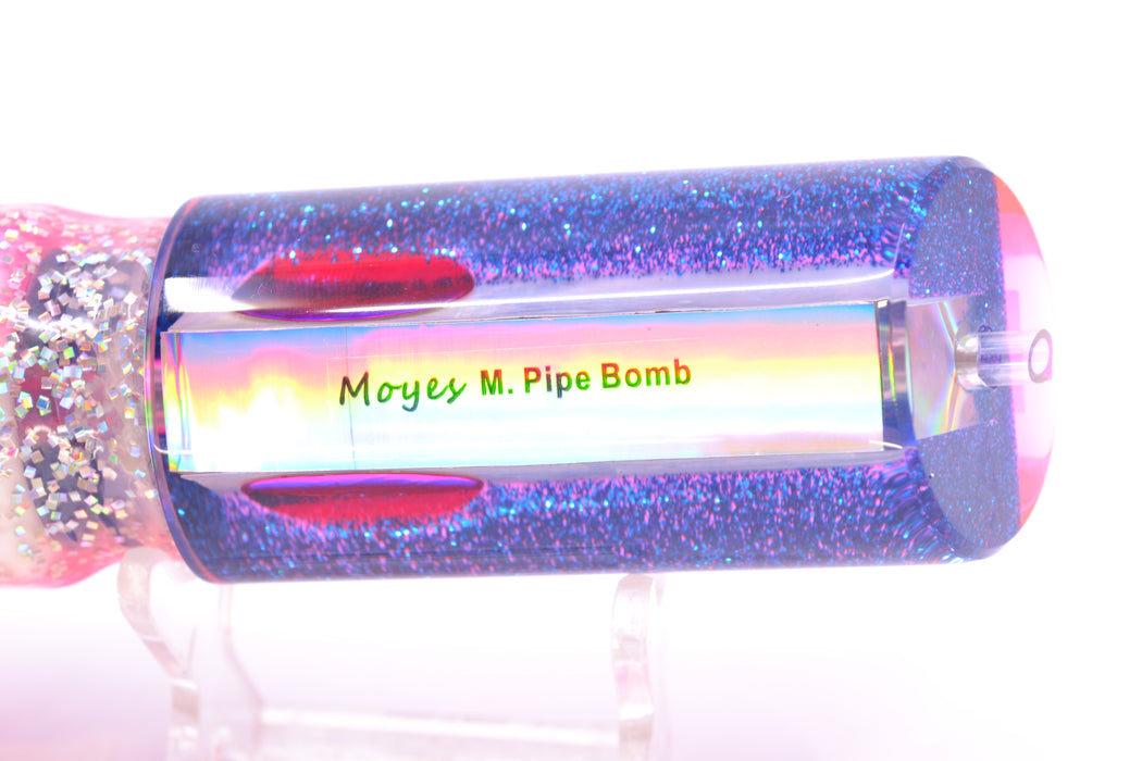 Moyes Lures White MOP Pink-Blue Back Medium Pipe Bomb 12" 7.5oz Skirted Blue Bars/Pink