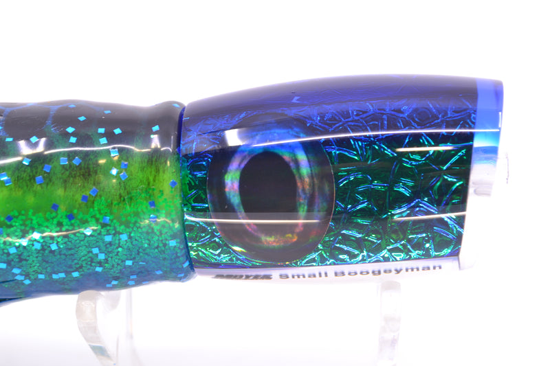 Moyes Lures Blue-Green Oil Slick Blue Back Small Boogeyman 9" 3.5oz Skirted Black Aurora