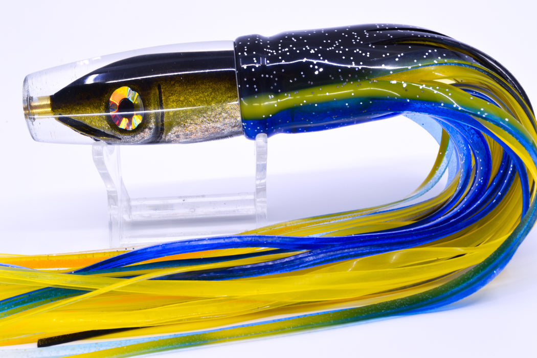 Tsutomu Lures Black-Yellow-Silver Fish Head Ali'i Invert 7" 5.7oz Skirted Black-Yellow-Blue