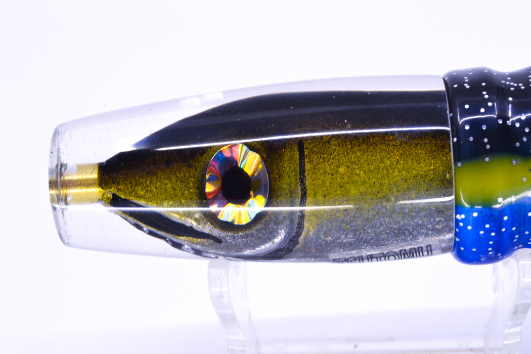 Tsutomu Lures Black-Yellow-Silver Fish Head Ali'i Invert 7" 5.7oz Skirted Black-Yellow-Blue