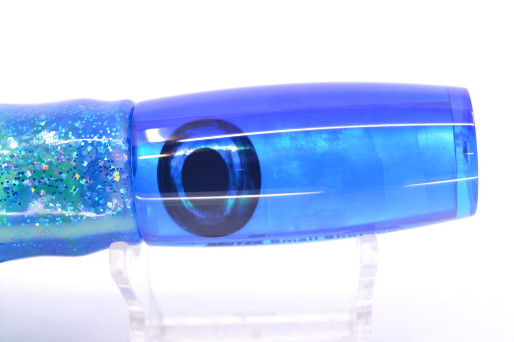 Moyes Lures Ice Blue MOP Blue Back Taxi Eyes Small Shotgun 9" 4oz Skirted Blue Dots GZE