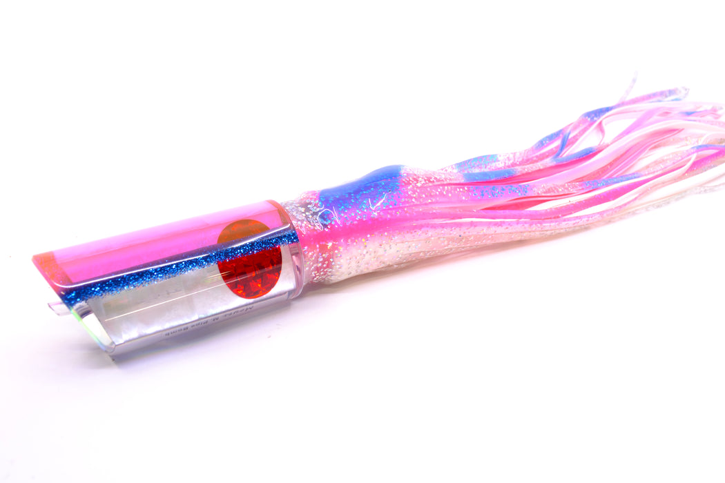 Moyes Lures White MOP Pink-Blue Back Medium Pipe Bomb 12" 7.5oz Skirted Blue Bars/Pink