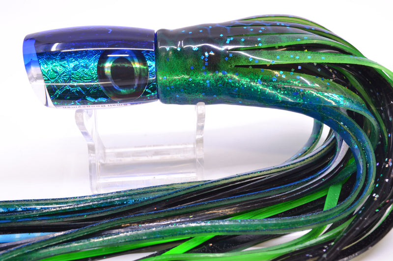 Moyes Lures Blue-Green Oil Slick Blue Back Small Boogeyman 9" 3.5oz Skirted Black Aurora