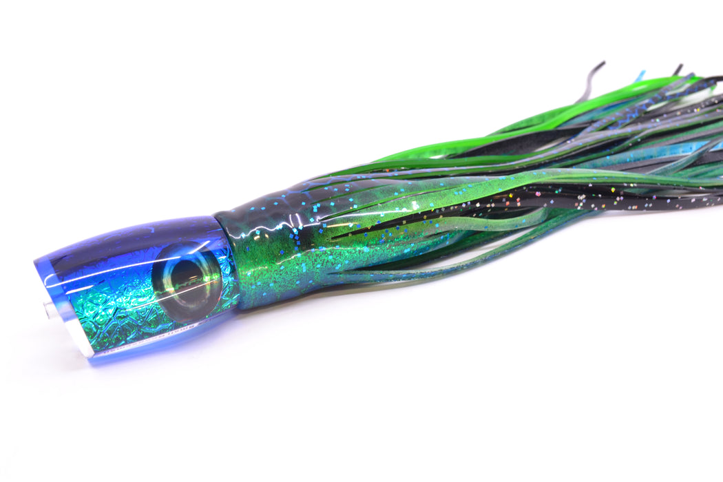 Moyes Lures Blue-Green Oil Slick Blue Back Small Boogeyman 9" 3.5oz Skirted Black Aurora