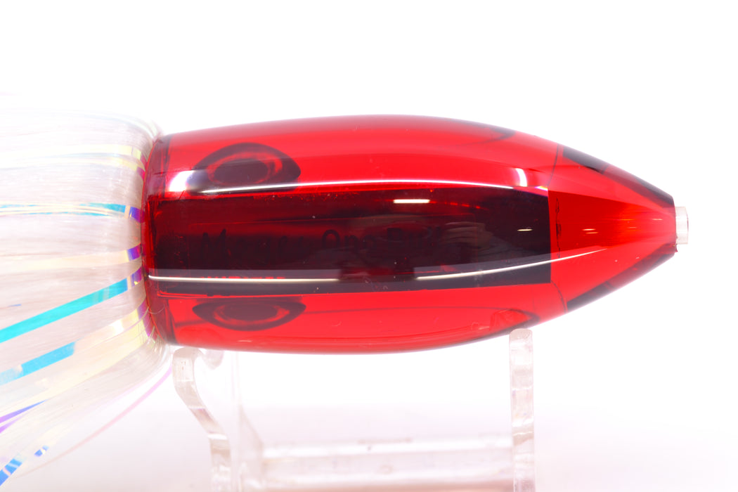 Moyes Lures Red Mirrored Medium Ono Bullet 9" 5.5oz Skirted White Hair