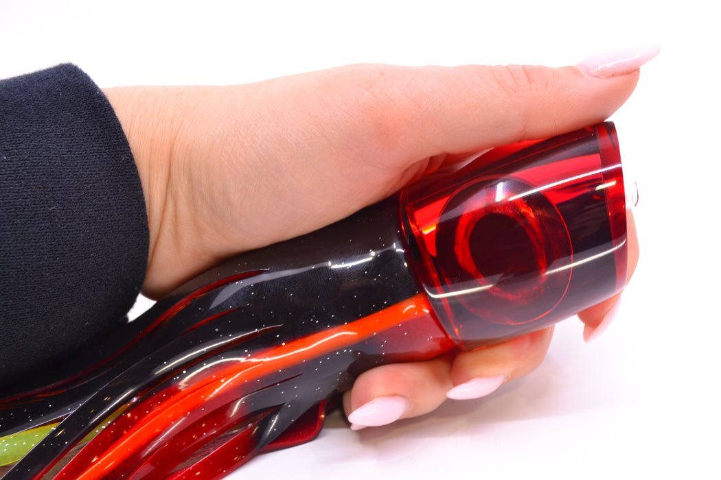Moyes Lures Red Mirrored Taxi Eyes Bushmaster 12" 10oz Skirted Black-Orange-Red