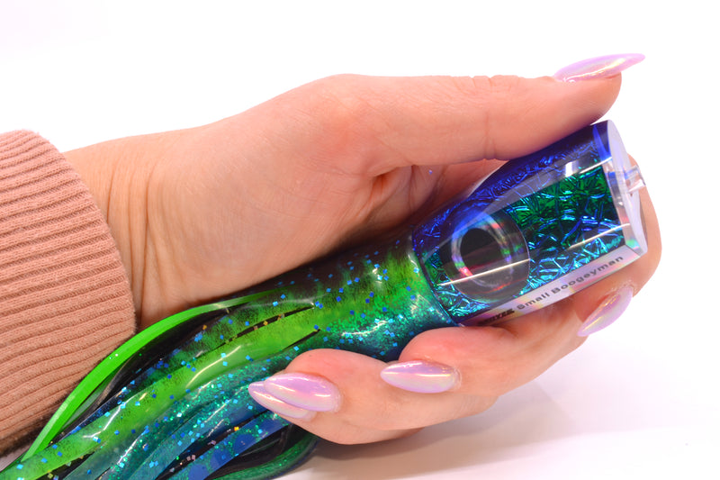 Moyes Lures Blue-Green Oil Slick Blue Back Small Boogeyman 9" 3.5oz Skirted Black Aurora