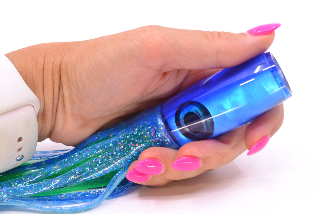 Moyes Lures Ice Blue MOP Blue Back Taxi Eyes Small Shotgun 9" 4oz Skirted Blue Dots GZE