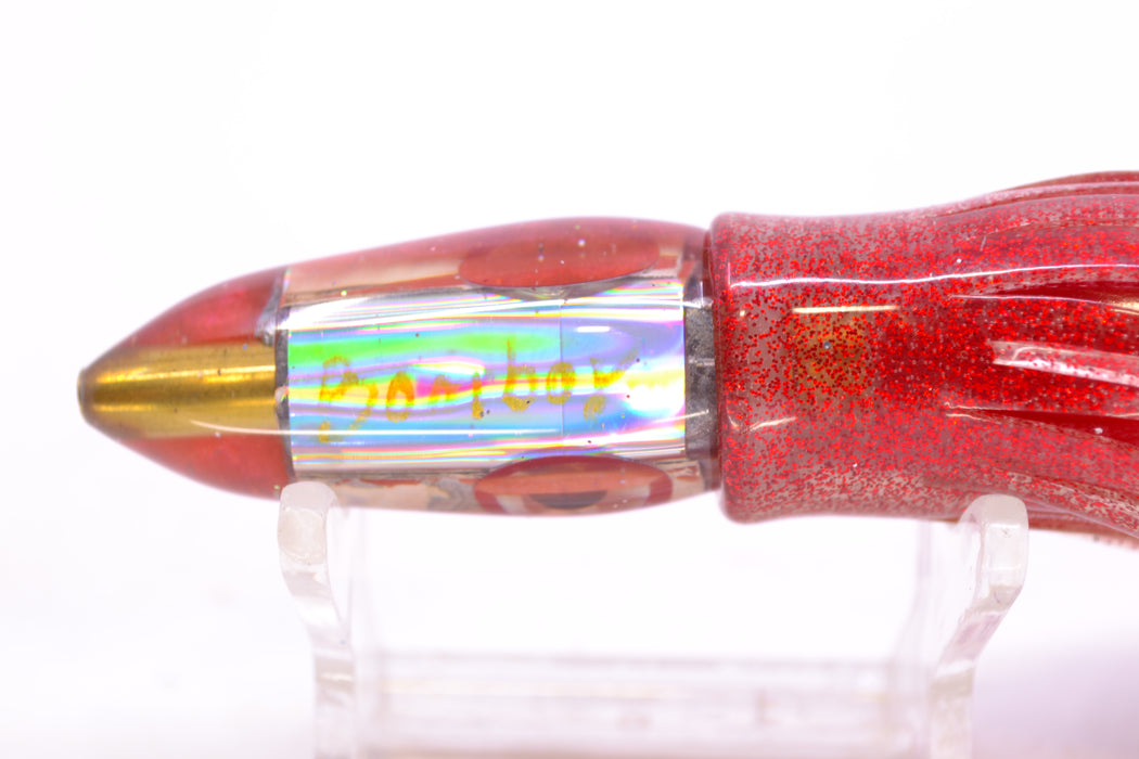 Bomboy Lures White Abalone Red Back Mini Bomb 5" 2oz Skirted Red Glitter/Red