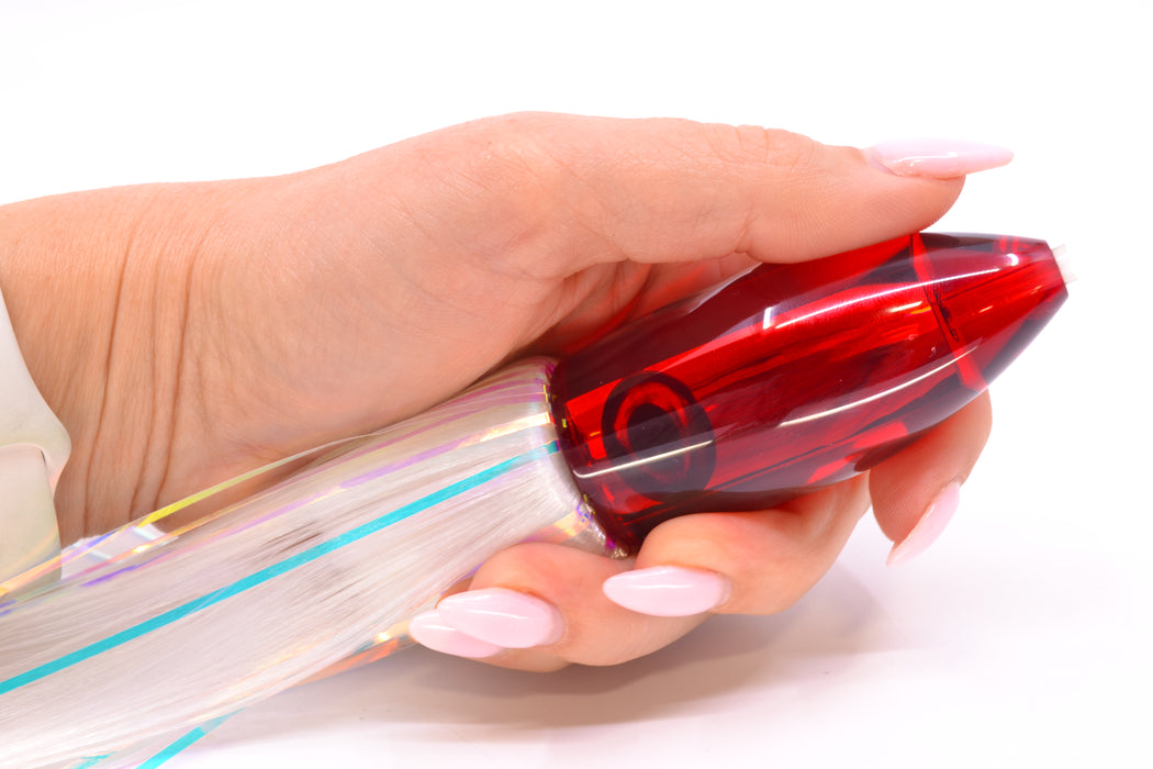 Moyes Lures Red Mirrored Medium Ono Bullet 9" 5.5oz Skirted White Hair