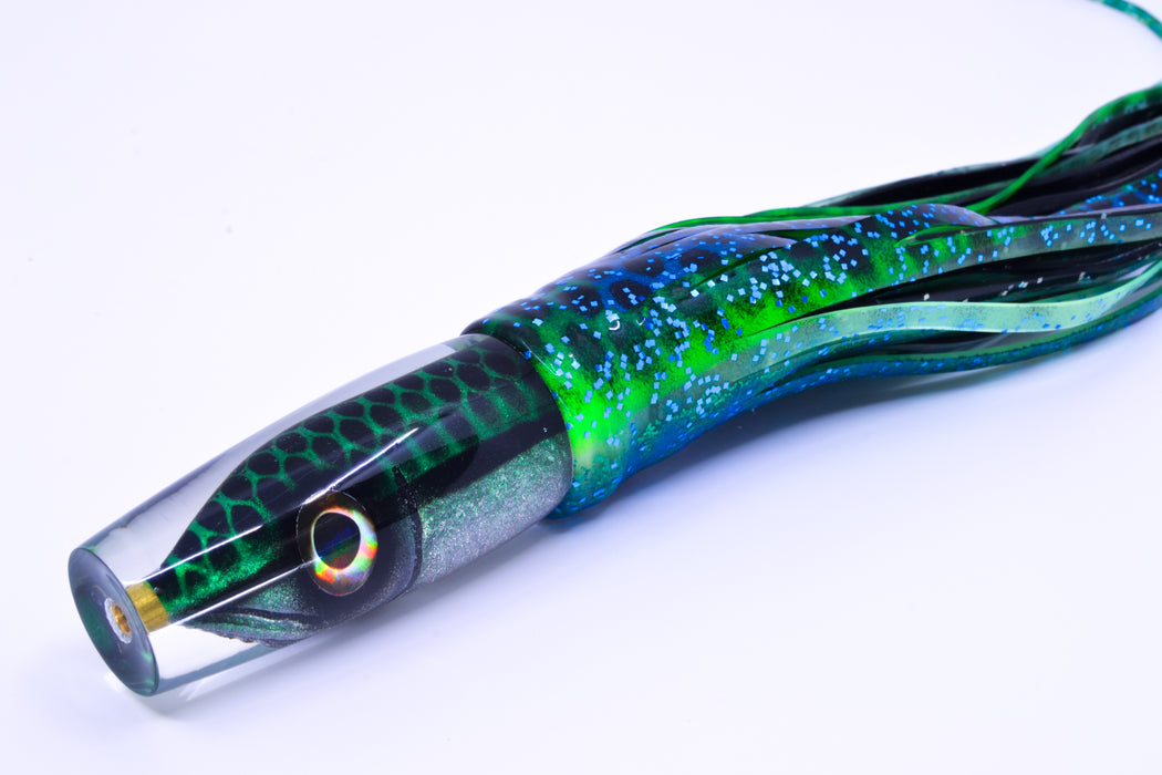 Tsutomu Lures Green with Black Dots Fish Head Ali'i Invert 7" 5.7oz Skirted Black Dots-Blue Dots