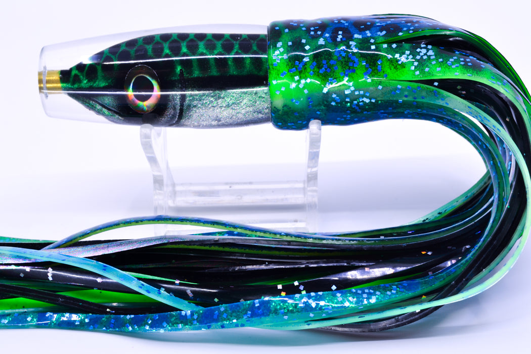 Tsutomu Lures Green with Black Dots Fish Head Ali'i Invert 7" 5.7oz Skirted Black Dots-Blue Dots