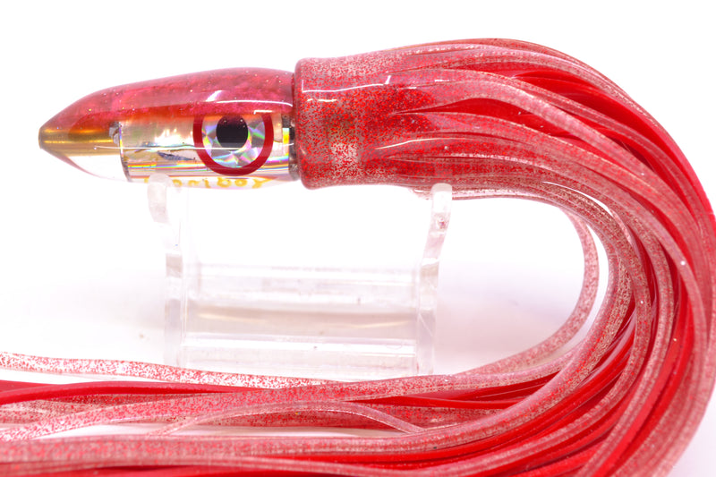 Bomboy Lures White Abalone Red Back Mini Bomb 5" 2oz Skirted Red Glitter/Red