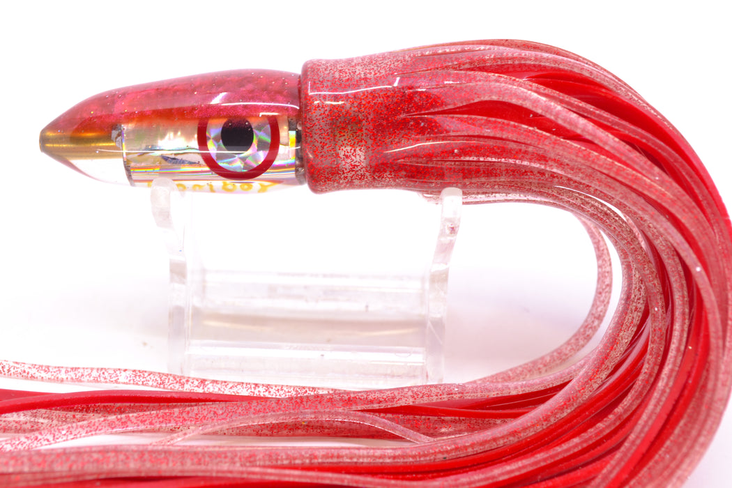 Bomboy Lures White Abalone Red Back Mini Bomb 5" 2oz Skirted Red Glitter/Red