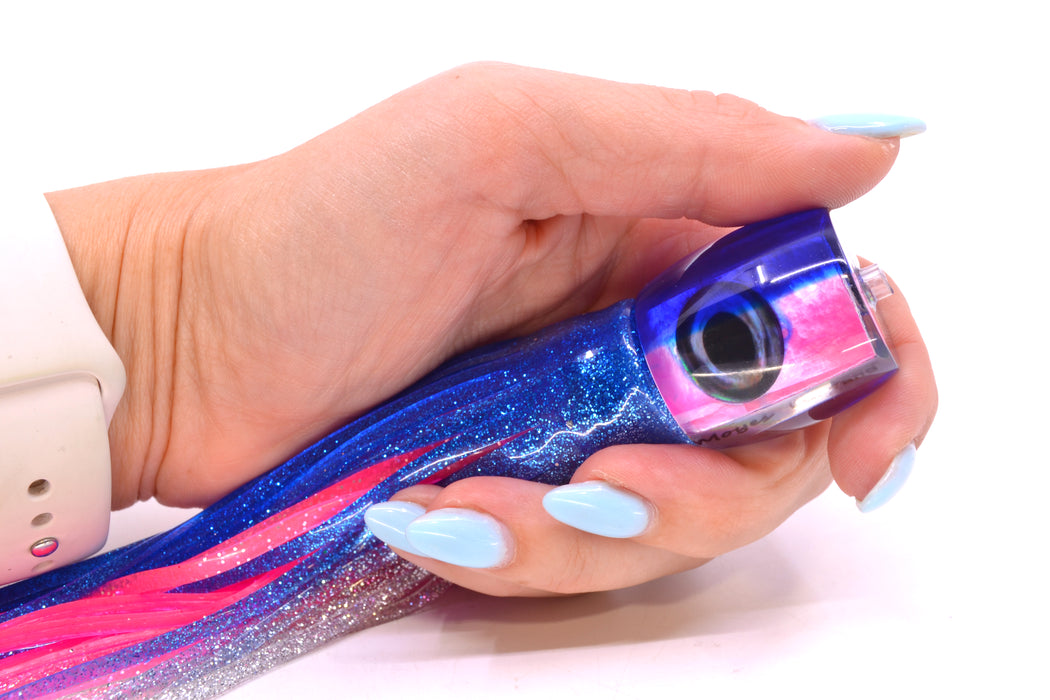 Moyes Lures Pink MOP Blue Back Taxi Eyes Large Tang 9" 3oz Skirted Blue-Silver