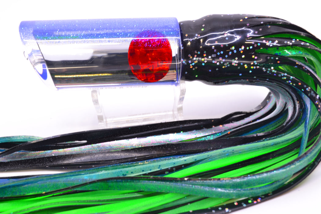 Moyes Lures Clear Mirrored Blue Glitter Back Red Eyes Medium Pipe Bomb 12" 7.5oz Skirted