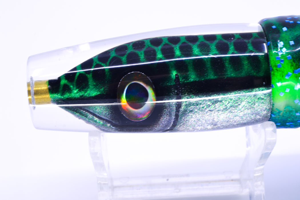 Tsutomu Lures Green with Black Dots Fish Head Ali'i Invert 7" 5.7oz Skirted Black Dots-Blue Dots
